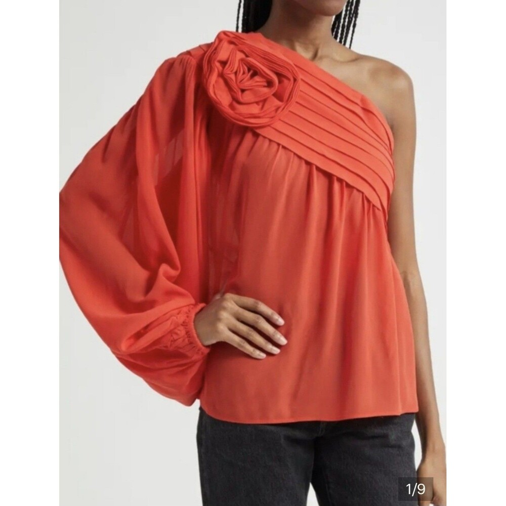 Farm Rio Rose One-Shoulder Blouse Top Size M VGUC Red-ish Orange